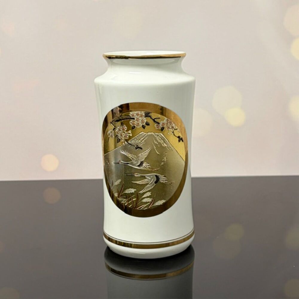 The Art of Chokin Porcelain Vase Cranes Mt Fuji Gold Silver Japan 7"